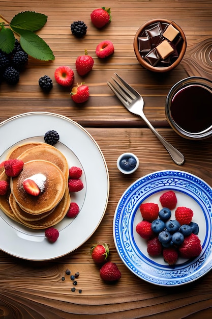 Pancakes and berries on a plate with a plate of pancakes and a cup of coffee