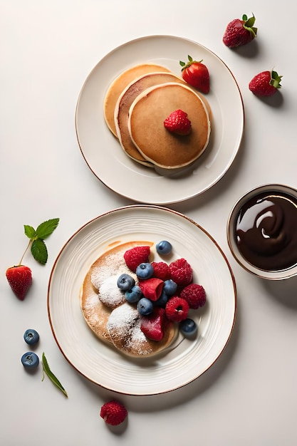 Pancakes and chocolate are on a table with a cup of coffee.