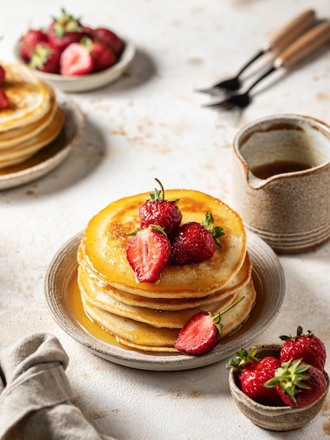 Pancakes close up with strawberry on textured background Morning breakfast composition rustic style