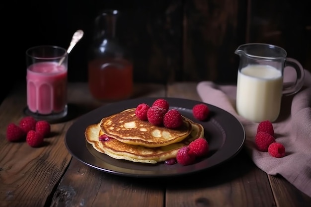 Pancakes decorated with raspberries on a white plate accompanied with syrup and milk