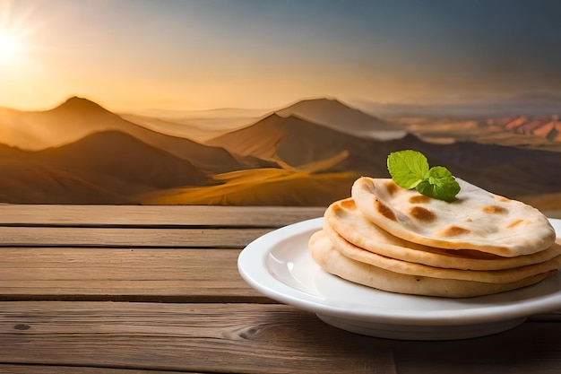 Pancakes on a plate with a sunset in the background