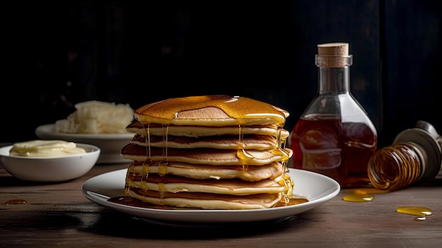 Pancakes on the table with honey Appetizing fritters with honey on a wooden table Retro style