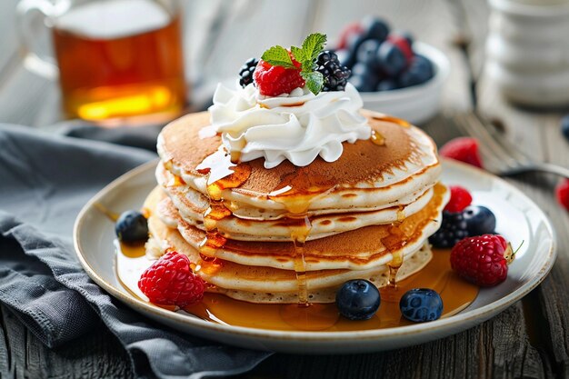 Pancakes on vintage style plate with maple syrup adorned with a whipped cream and fresh berries