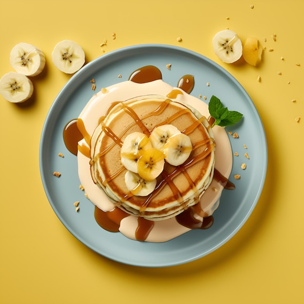 Pancakes with banana and caramel on yellow background