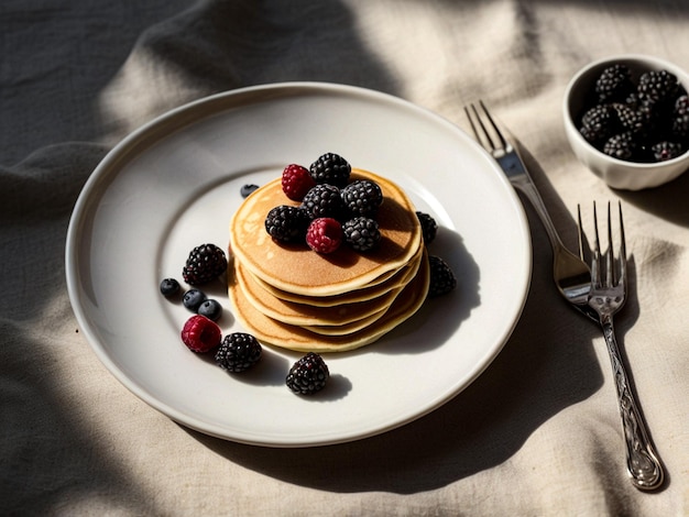 pancakes with berries and blackberries on a plate with a fork and knife