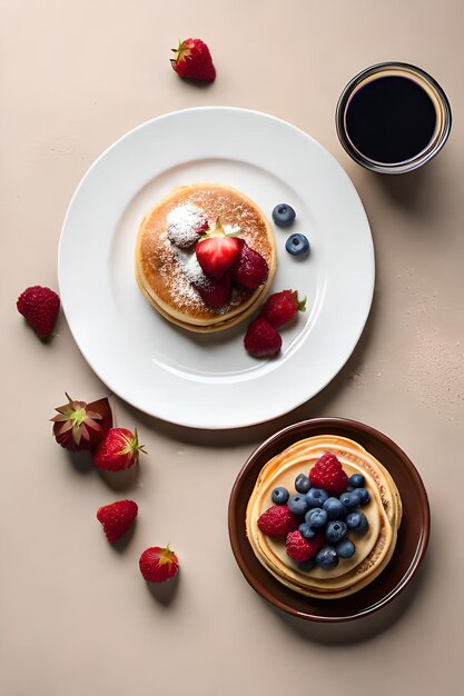 Pancakes with berries and a cup of coffee on a table