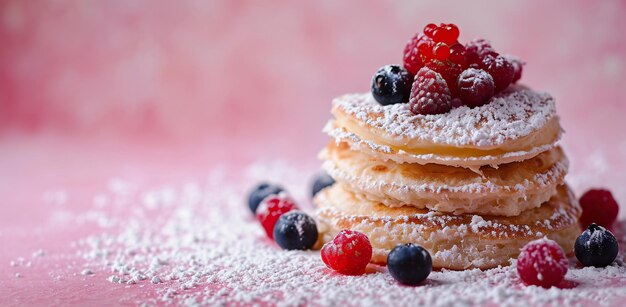 Pancakes with berries dusted with powdered sugar on a pink background The concept of the Maslenitsa festival