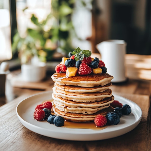 Photo pancakes with berries and maple syrup on a wooden table