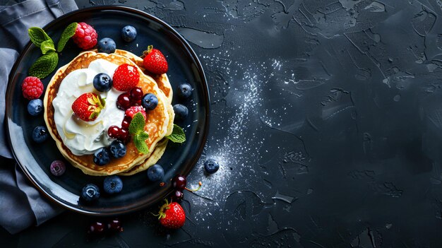 pancakes with berries and milk on a black background