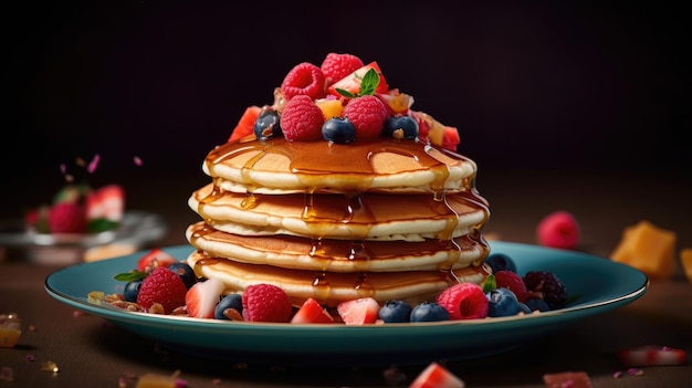 pancakes with berries and syrup on a plate with a black background.