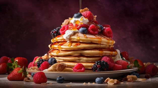 pancakes with berries and syrup on a plate