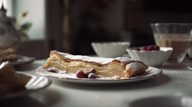 Pancakes with cherries and powdered sugar french dessert generative ai