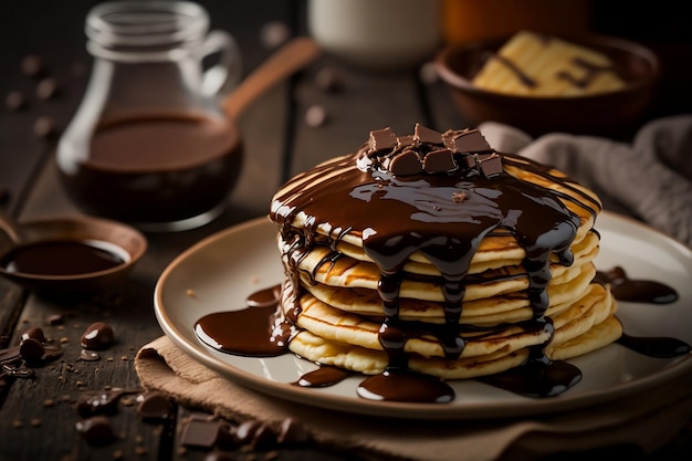 Pancakes with chocolate syrup a breakfast Generative AI