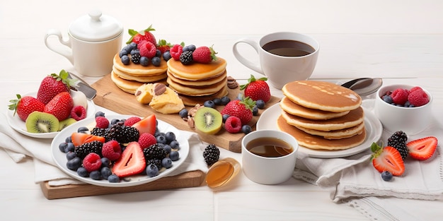 Pancakes with fresh fruits donuts and coffee on a white background generate ai