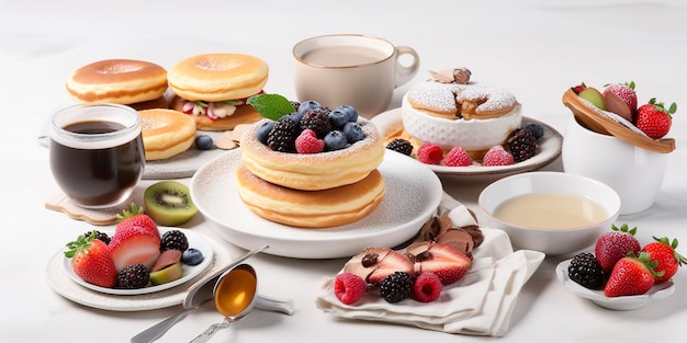 Pancakes with fresh fruits donuts and coffee on a white background generate ai