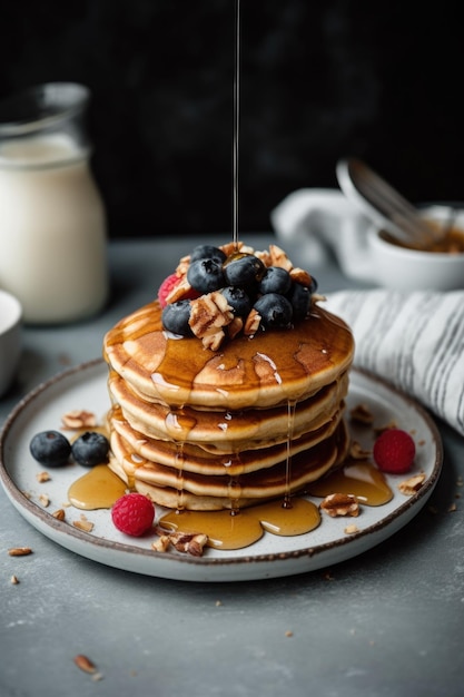 Pancakes with fruits and nuts on top pouring with honey or maple syrup food setting ai generative