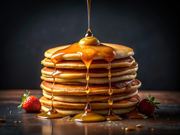 pancakes with maple syrup poured on it Pancakes stacked with melting butter and poured honey