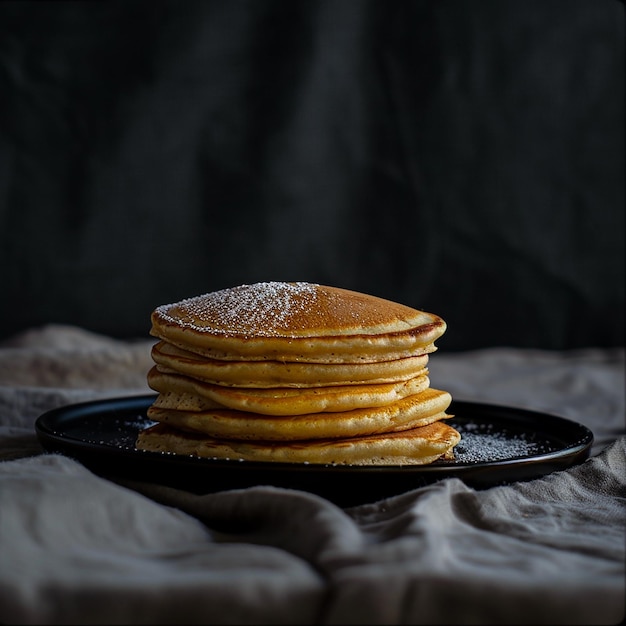 pancakes with powdered sugar on them sit on a table