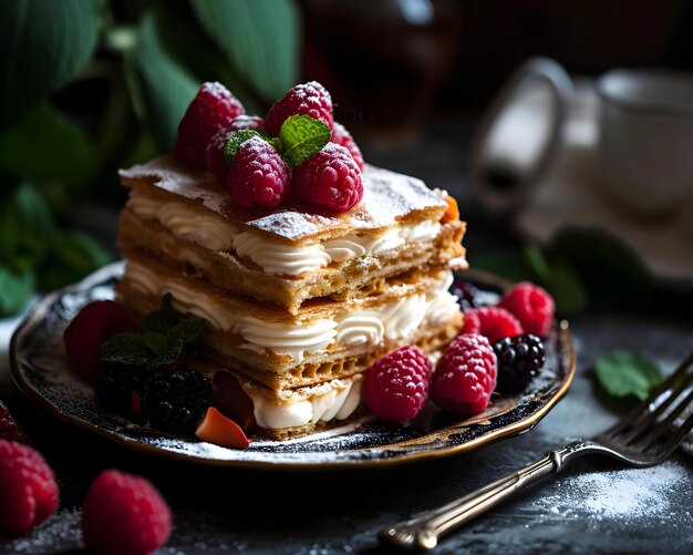 Pancakes with raspberries and blackberries selective focus