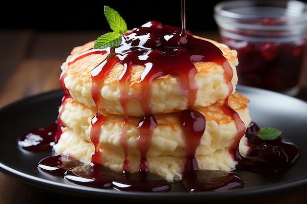 Pancakes with strawberry jam and coffee on wooden table delicious breakfast scene