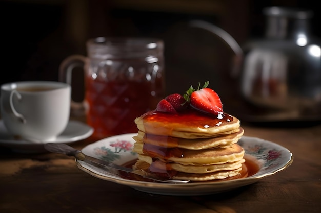 Pancakes with strawberry jam and cup of tea