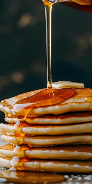 Photo pancakes with syrup being poured into a pancake