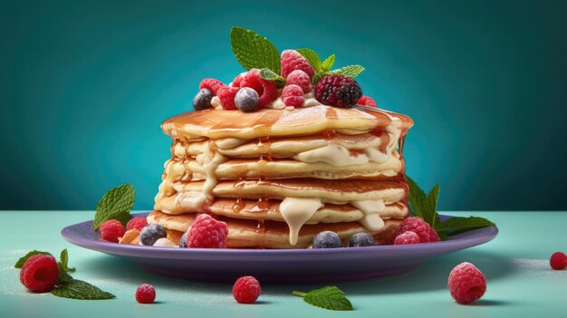 pancakes with syrup and berries on a blue background