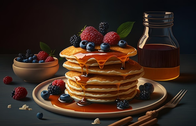 Pancakes with syrup and berries on plate Generative AI