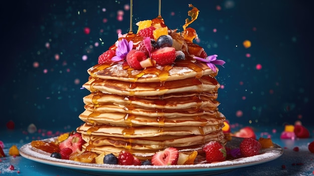 pancakes with syrup and berries on a plate