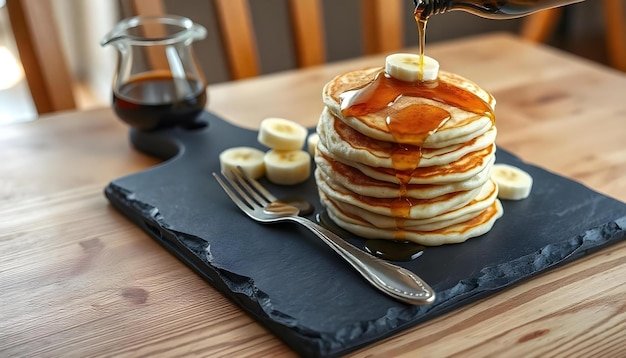 Photo pancakes with syrup and a fork on a black tray