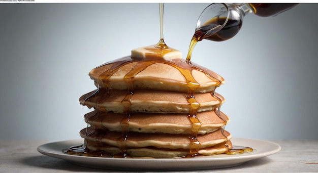 Photo pancakes with syrup pouring down on a plate with syrup pouring out of them