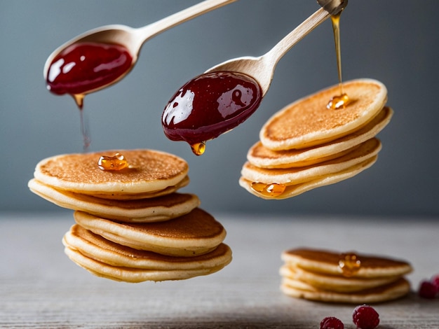 pancakes with syrup and syrup being poured into them