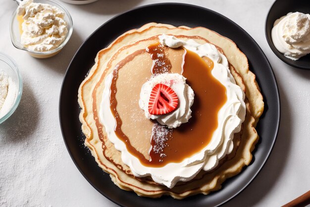 Pancakes with whipped cream and strawberries on a plate