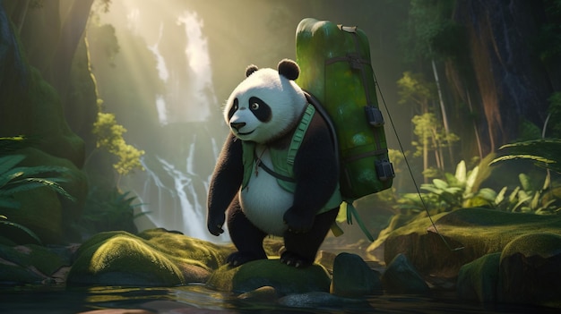 Panda backpacker digital art illustration Generative AI