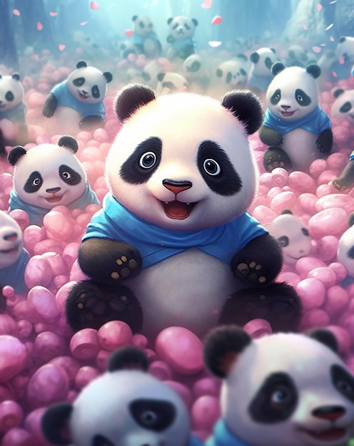 A panda in a ball of pink balls