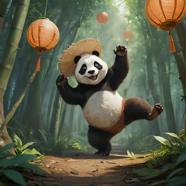 panda bear in a bamboo hat is dancing in the woods