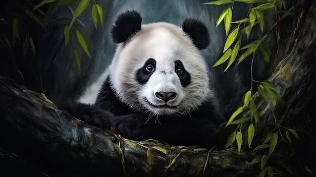 A panda bear calmly sits on a branch of a tall tree at a national park enjoying its surroundings Generative AI