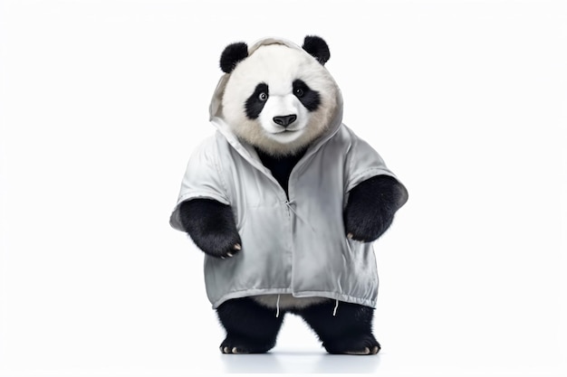 a panda bear dressed in a jacket and standing