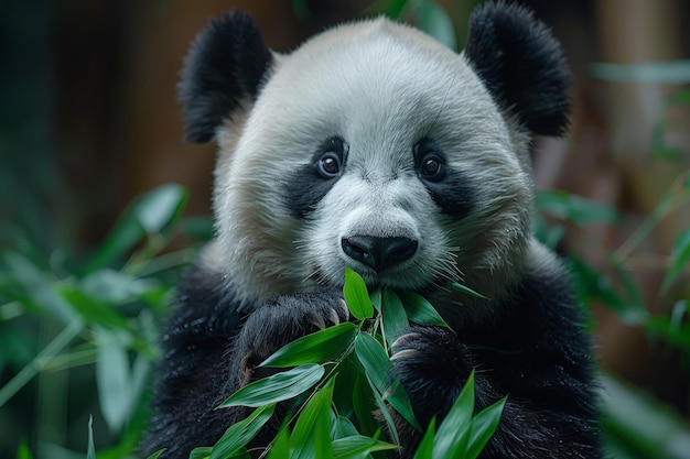 Panda Bear Eating Bamboo in Forest