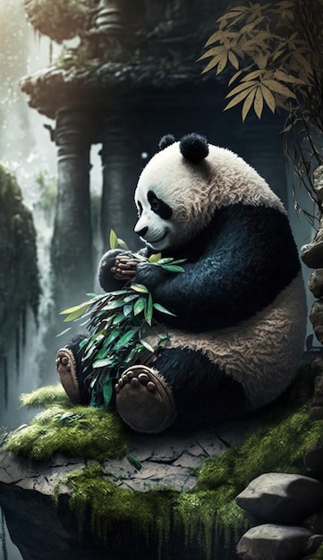 Panda bear eating bamboo in the jungle