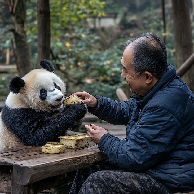 Photo a panda bear eating a banana from a mans hand