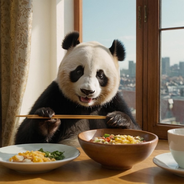 Photo a panda bear eating food from a table with a bowl of food