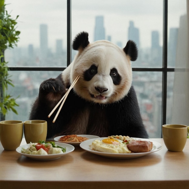 Photo a panda bear eating food with a fork in his mouth