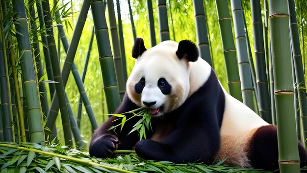 Photo a panda bear enjoying bamboo in a vibrant bamboo forest showcasing its natural habitat