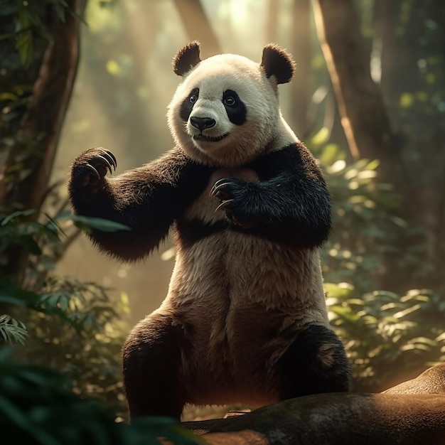 a panda bear in a forest holding a dish