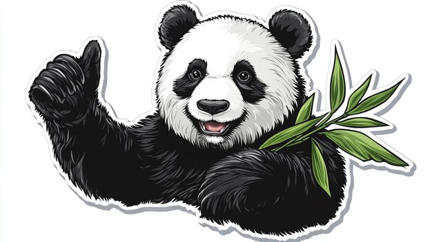 a panda bear holding a bamboo branch in its mouth