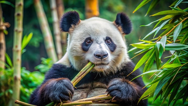 a panda bear holding bamboo in front of a bamboo forest