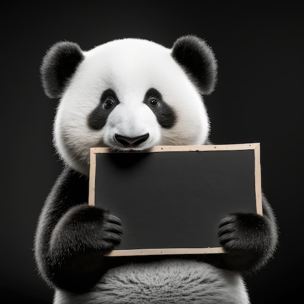 A panda bear holding a blackboard with the word panda on it.