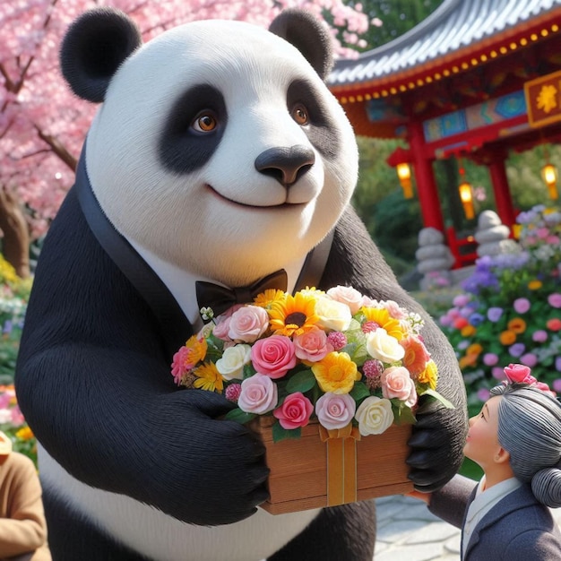 a panda bear holding a bouquet of flowers and a woman in front of a pagoda