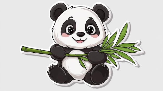 a panda bear holding a branch with a green leaf